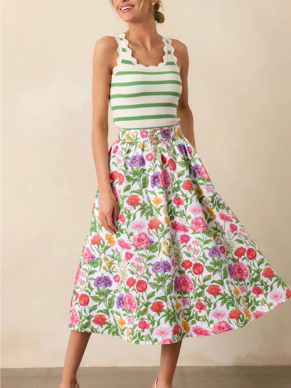 Prosperina Thena Belted Secret Garden Foral Cotton Midi Skirt size M NWT